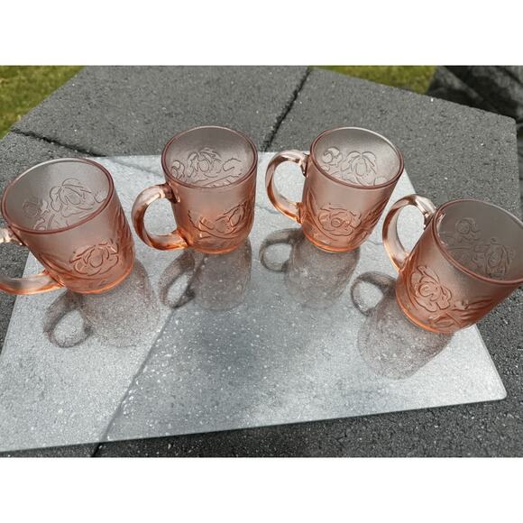 Vintage Arcoroc France Rosaline 8 Oz Pink Glass Rose Coffee Mugs ~set Of 4 - Picture 7 of 14
